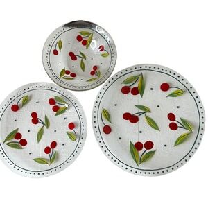 Arcoroc Vintage Clear Glass Cherry Plates Set Textured Fruit Leaf‎ Design France